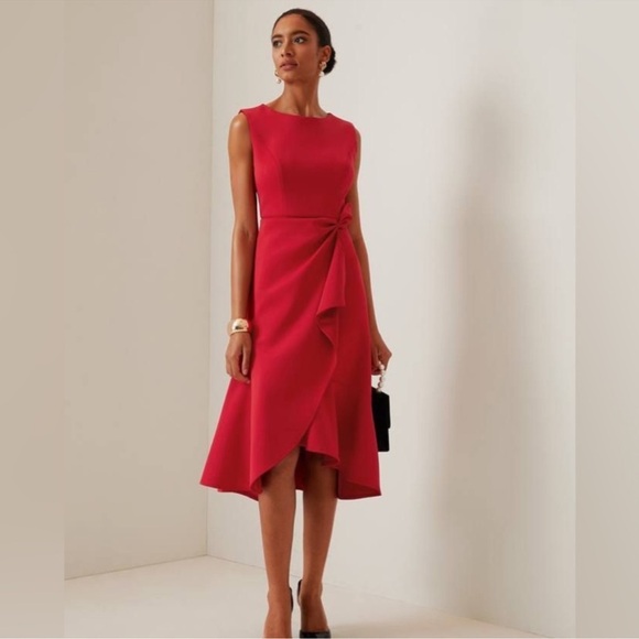 Fehaute Red Elegant Midi A-line Waist Twist Day To Night Dress Size Small NWT - Picture 1 of 14